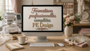 Formation professionnelle PE Design à distance avec visualisation d’un écran d’ordinateur affichant un texte en broderie dans un univers créatif textile
