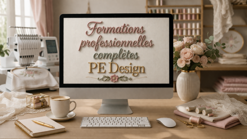 Formation professionnelle PE Design à distance avec visualisation d’un écran d’ordinateur affichant un texte en broderie dans un univers créatif textile